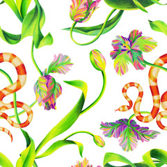 Floral seamless pattern isolated on white. Bright botanical illustration with blooming flowers, tulips and snake. Pencil drawing. Good for bedding, fabric, textile, wallpaper, wrapping, surface.
