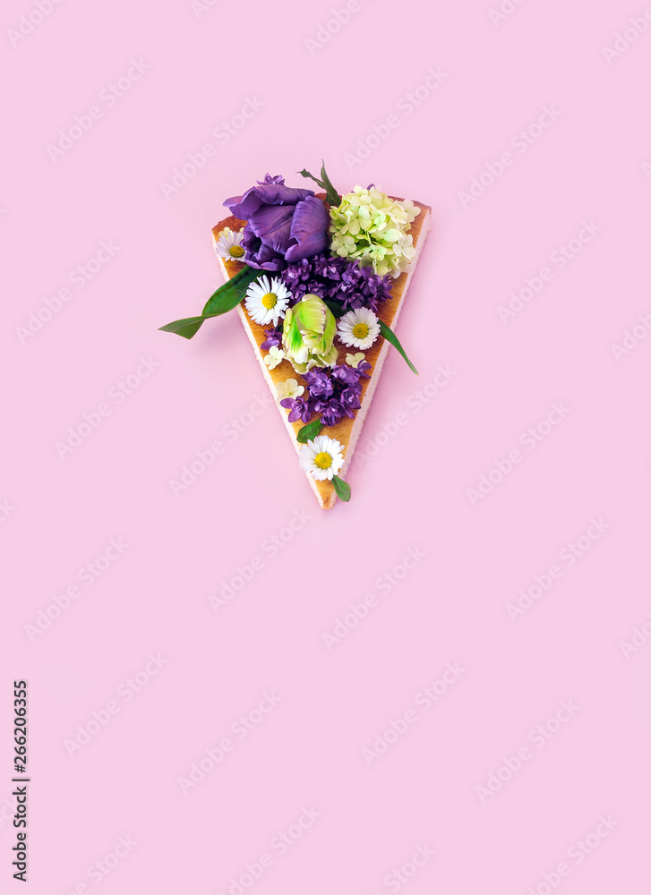 Wall mural piece pizza slice pink background flower tulip green purple yellow lilac bouquet bunch daisy chamomile