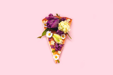 piece pizza slice pink background flower tulip green purple yellow lilac bouquet bunch daisy...