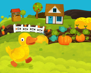 cartoon happy and funny farm scene with happy duck - illustration for children