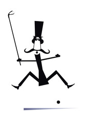 Gentleman a golfer on the golf course isolated.  Cartoon jumping mustache man in the top hat holds a golf club black on white