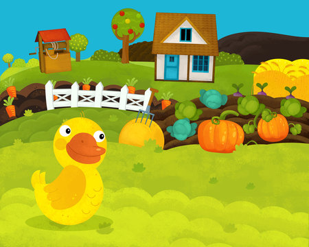 cartoon happy and funny farm scene with happy duck - illustration for children