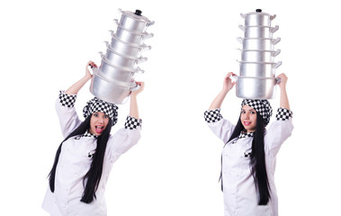 Cook with stack of pots on white