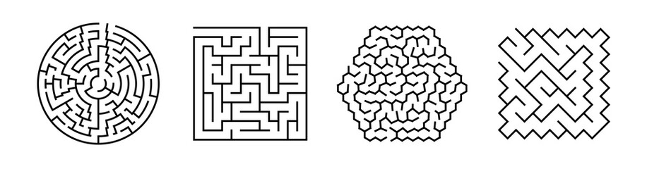 Set Of Vector Mazes. Geometric Outline Labyrinth Illustrations