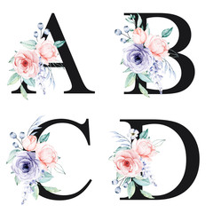 Floral alphabet, letters A, B, C, D with watercolor flowers and leaf. Monogram initials perfectly for wedding invitations, greeting card, logo, poster and other design. Holiday design hand painting.