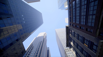 Vertical View of Modern High Rise Skyscraper Office Buildings in Business Finance District