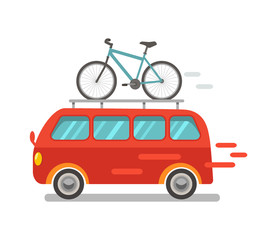 Funny minibus traveling with a bike in a cartoon style. Flat vector illustration