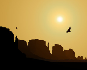 Obraz premium Western desert. Rocks. Flying eagles. Yellow sky. Sunset .