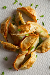 Homemade gyoza, top view. Flat lay, overhead, from above. Close-up.