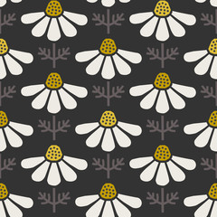 Scandinavian chamomiles black & yellow vector pattern. - 266209339