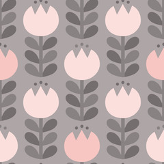 Tulipes scandinaves motif vectoriel gris clair et rose sans couture.