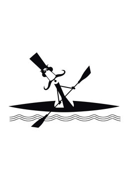 Boating long mustache man illustration. Comic long mustache man in the top hat floating on the waves on the boat black on white