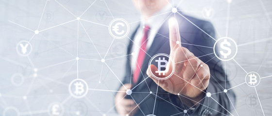 Double exposure Bitcoin and blockchain concept. Digital economy and currency trading.