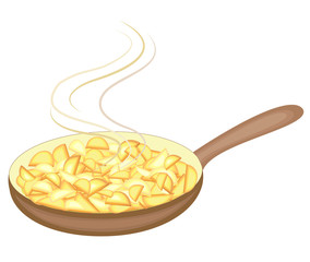 Potatoes fry in a hot frying pan. Vegetables are cut into strips. Fast, tasty and nutritious food. Vector illustration