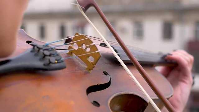Playing the violin close up. The strings on which the fiddlestick moves very quickly. Virtuoso playing an music instrument. Talented musician. In the open air