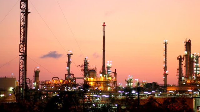Panning video of Petroleum and chemical plant in twilight time