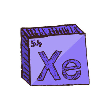 recommend clip art: Vector three-dimensional hand drawn chemical violet symbol of noble gas xenon with an abbreviation Xe from the periodic table of the elements isolated on a white background.
