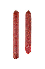 Salami on a white background. Sausage close up on a white background.