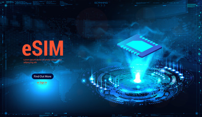 eSIM card chip sign. Embedded SIM concept. New mobile communication technology. Futuristic webpage design, eSIM hologram. Vector illustration 