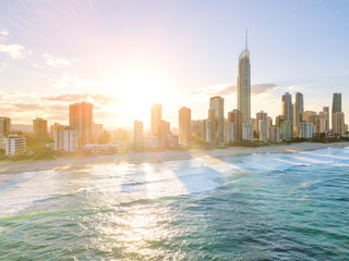 Surfers Paradise skyline at sunset from an aerial view on the Gold Coast in Queensland, Australia