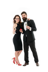 Marry me. Their special day. Happy holiday celebration. Wedding and proposal concept. Handsome man and elegant woman hold champagne glasses. Anniversary and family holiday. Family celebrate holiday