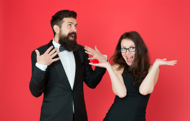 formal couple. ring in box. love date. valentines day couple. formal couple in love. tuxedo man and formal lady at engagement party. happy woman make bearded man marriage proposal. oh my god