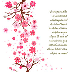 Branch of sakura with flowers. Cherry blossom branch with petals falling flat vector illustrations isolate