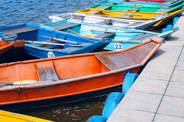 Colorful boats. Vintage wooden boats closeup.