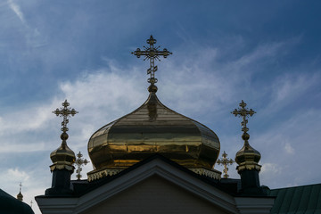 Fototapeta na wymiar Kiev, Ukraine- May 04, 2019: View of the building of churches with golden domes in Kiev-Pechersk Lavra.
