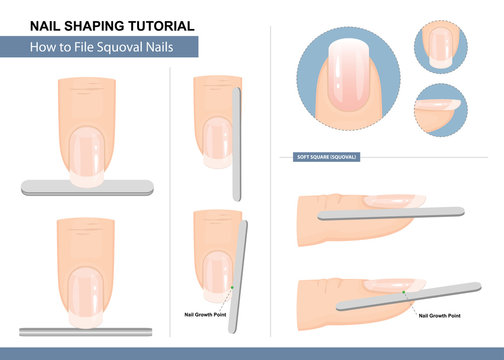 Nail Shaping Tutorial. How to File a Squoval Nail Shape. Step by Step Instruction. Vector illustration