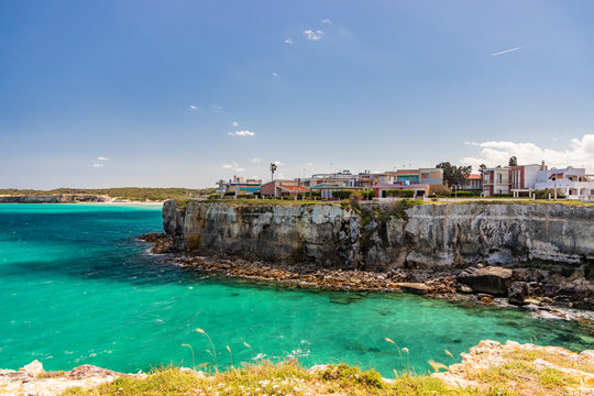 The bay of Torre dell'Orso, with its high cliffs, in Salento, Puglia, Italy. Turquoise sea and blue sky, sunny day in summer. Some houses above the reef. Tufts of grass and grasses in the foreground