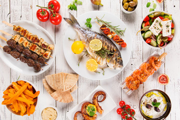Greek food background. Traditional different greek dishes , top view.
