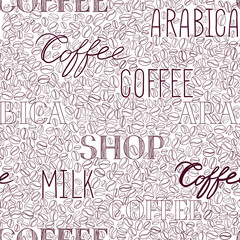 Coffee seamless pattern. Coffee beans and lettering COFFEE tile backdrop