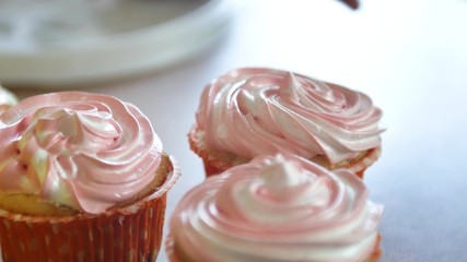 Decorating cup-cake with cream. Using cooking bag, confectioner making multicolor cupcakes for party. Shot of woman's hands putting butter cream on the tasty cakes, home bakery concept