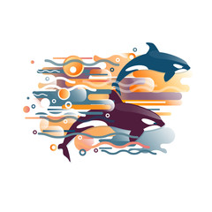 Vector image of orca, killer whale and sea fauna. A vivid abstraction of pattern