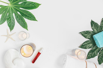 Green and ocean spa setting or wellness background with copy space.