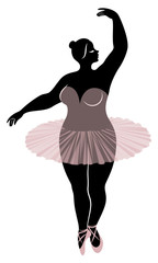 Silhouette of a cute lady, she is dancing ballet. The woman has an overweight body. Girl is plump. Woman ballerina, gymnast. Vector illustration