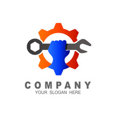 Gear logo template, The spanner in the hand and gear combined in vector sign, hand,  gear, and Screwdriver