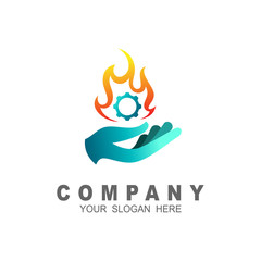 the logo of the hand that holds the gear with a flame, hand, gear, and fire