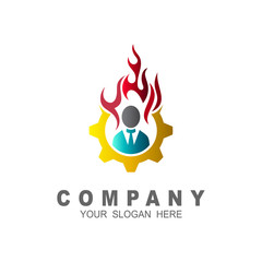  mechanic's logo with fire, human logo ,gear symbol + fire and people