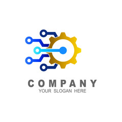 Fototapeta premium Gear electronic factory sign, digital tech, vector business logo template concept illustration