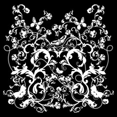 Baroque pattern with silhouette of chains and flowers. Vector floral patch for print