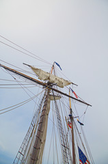 Details of the riggings on an old wooden tall ship