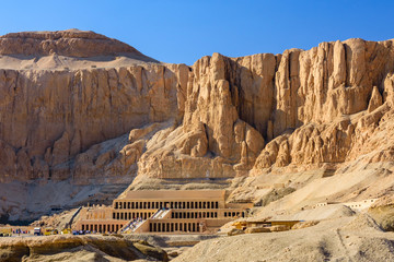 View on a temple of Hatshepsut under the high cliffs in Luxor, Egypt