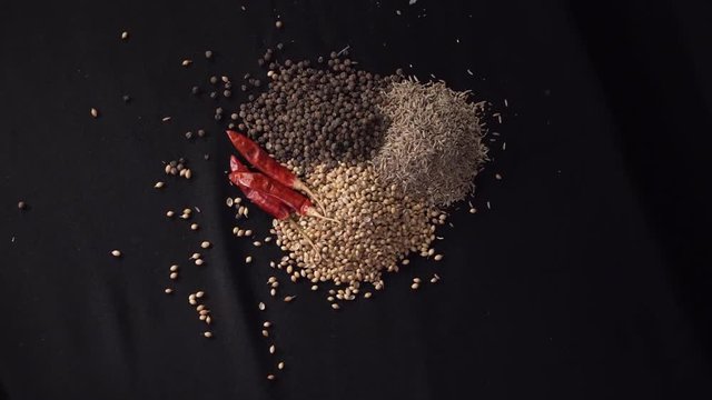 Rotating top view about the most important Indian spices seeds. Decoration, kitchen, cooking concept.