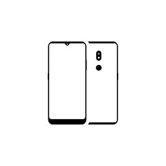 Smartphone, two sides. Front side with a yellow-gray screen, monitor. Backside with camera, flash and touch id. Buttons. Black color, highlights and shadows. Isolated object