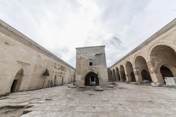 Arches and columns in Sultanhani caravansary on Silk Road.