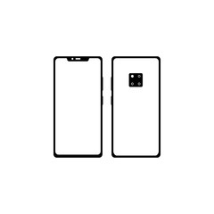Smartphone, two sides. Front side with a yellow-gray screen, monitor. Backside with camera, flash and touch id. Buttons. Black color, highlights and shadows. Isolated object