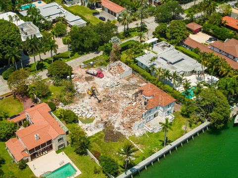 Aerial drone photo of a mansion being destroyed Miami Beach