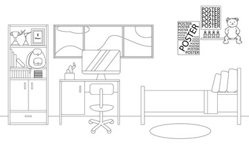 Vector Line Illustration of Interior of Wardrobe with Mannequins. White and Black Outline Sketch of Home Related. Vector Design in Line Art Style. Design of Modern Interior of Walking Wardrobe